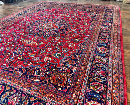 Antique Persian Mashad Rug 10x13, Red and Navy Blue, Great Colors, Signed By Masterweaver, Floral Medallion, Handmade Wool Persian Carpet - Nuvé