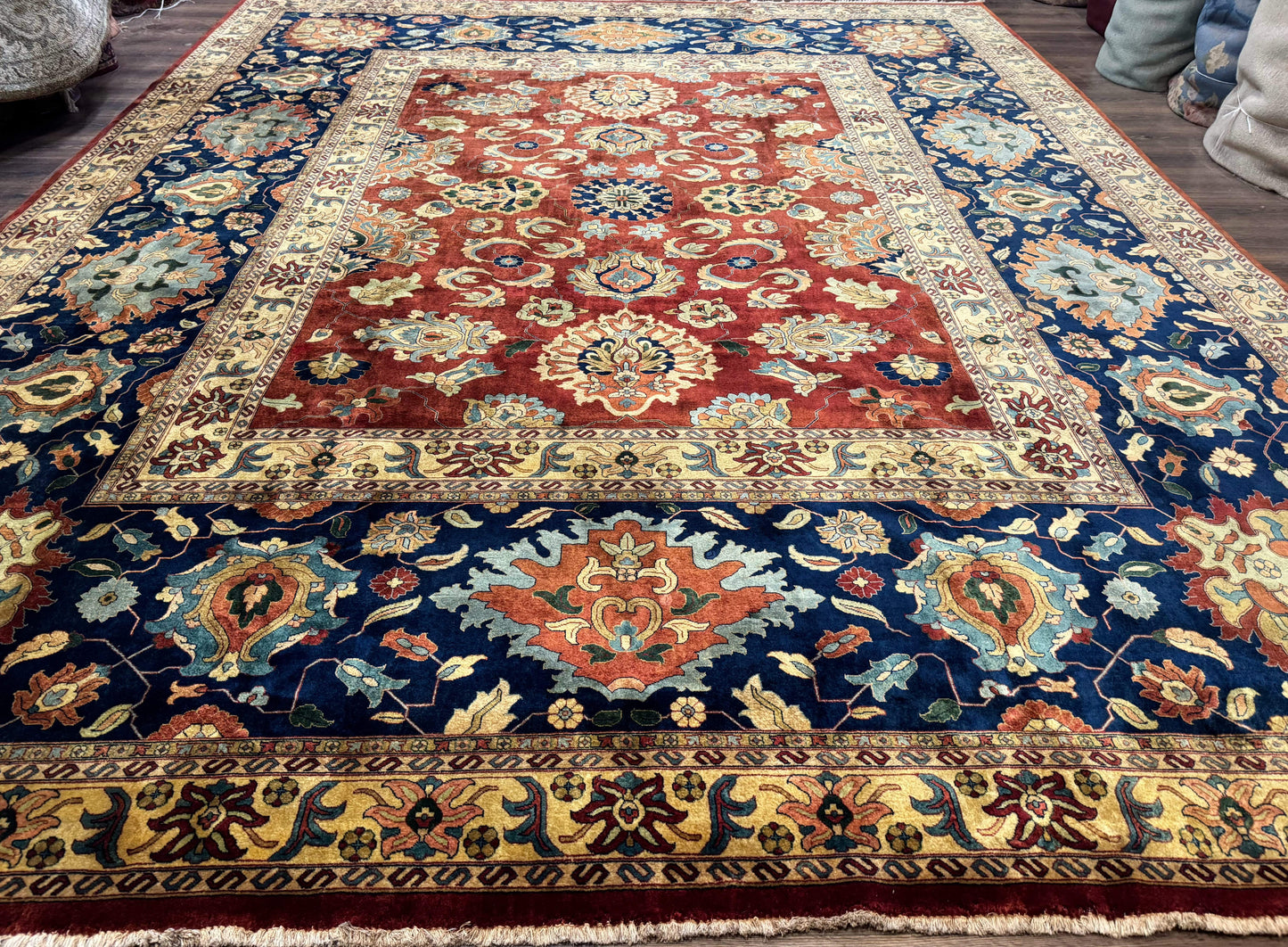 Palace Size Indo Persian Rug 12x15, Sultanabad Mahal Carpet, Red Navy Blue, Fine 210 KPSI - Nuvé