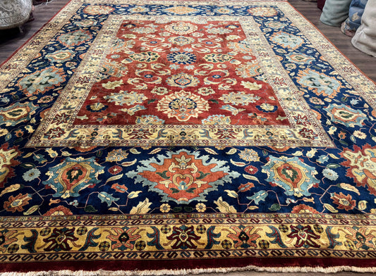 Palace Size Indo Persian Rug 12x15, Sultanabad Mahal Carpet, Red Navy Blue, Fine 210 KPSI - Nuvé