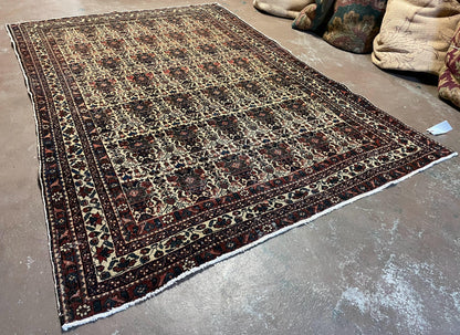 Antique Persian Afshar Rug 5x7, Wool Hand Knotted Oriental Carpet 5 x 7 ft, Repeated Motif Allover, Cream and Maroon, Tribal Rug, Medium Sized Rug,  Zil-i-Sultan Design - Nuvé