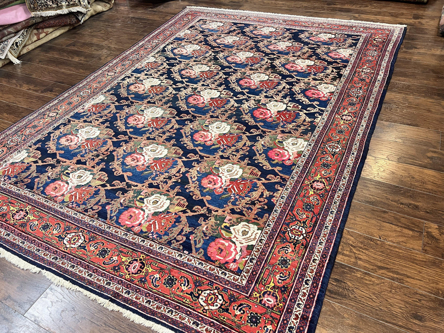 Persian Bidjar Rug 8x11, Floral Bouquets, Blue Black Red Pink, Handmade Hand Knotted Vintage Semi Antique Oriental Carpet - Nuvé