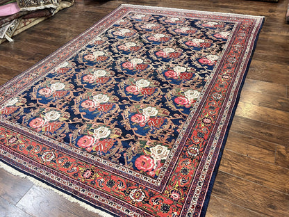 Persian Bidjar Rug 8x11, Floral Bouquets, Blue Black Red Pink, Handmade Hand Knotted Vintage Semi Antique Oriental Carpet - Nuvé