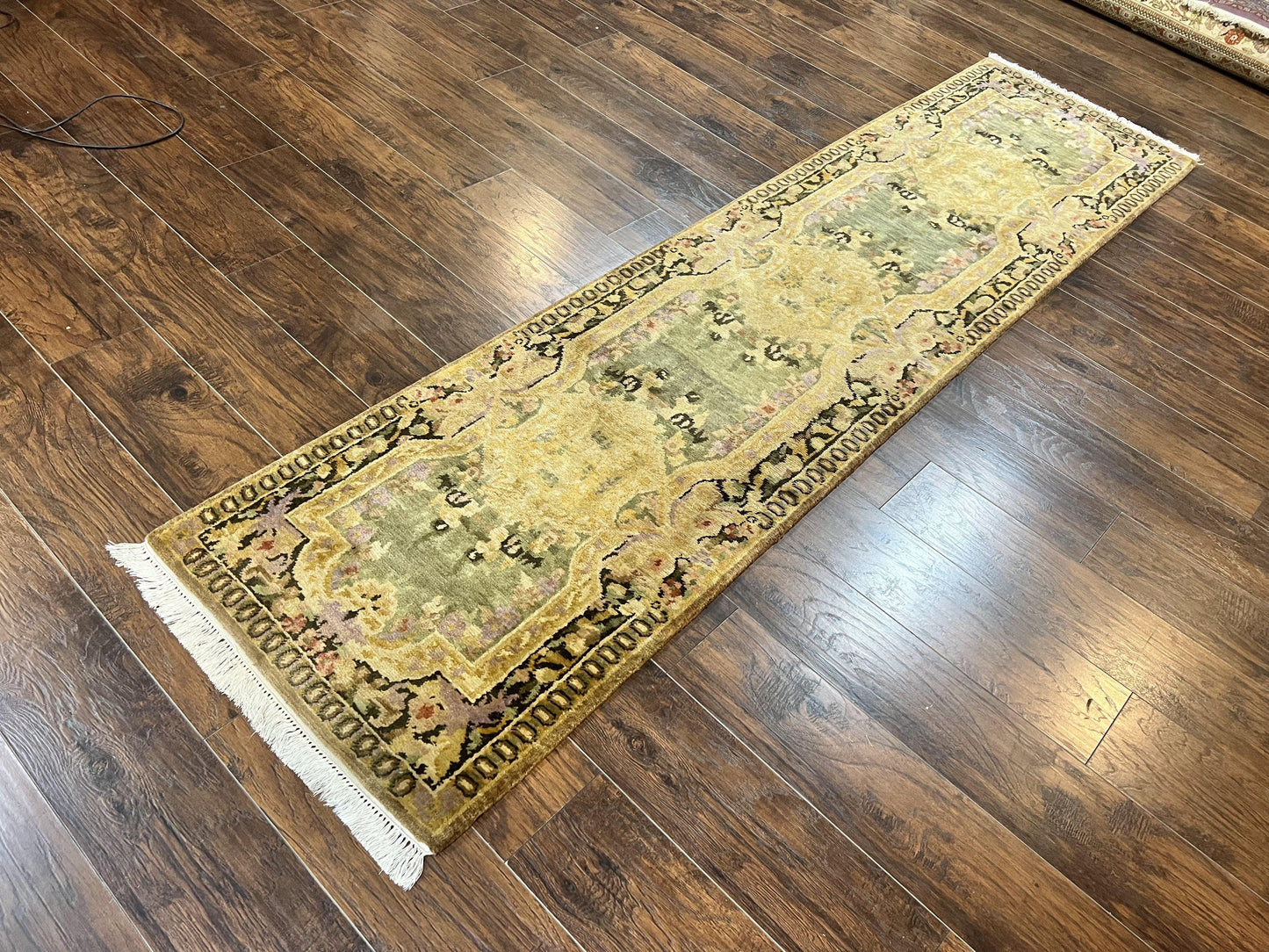 Tibetan Runner Rug 2.6 x 10, French Aubusson Pattern, Gold Olive Green, Vintage Handmade European Design, Wool Hallway Rug - Nuvé
