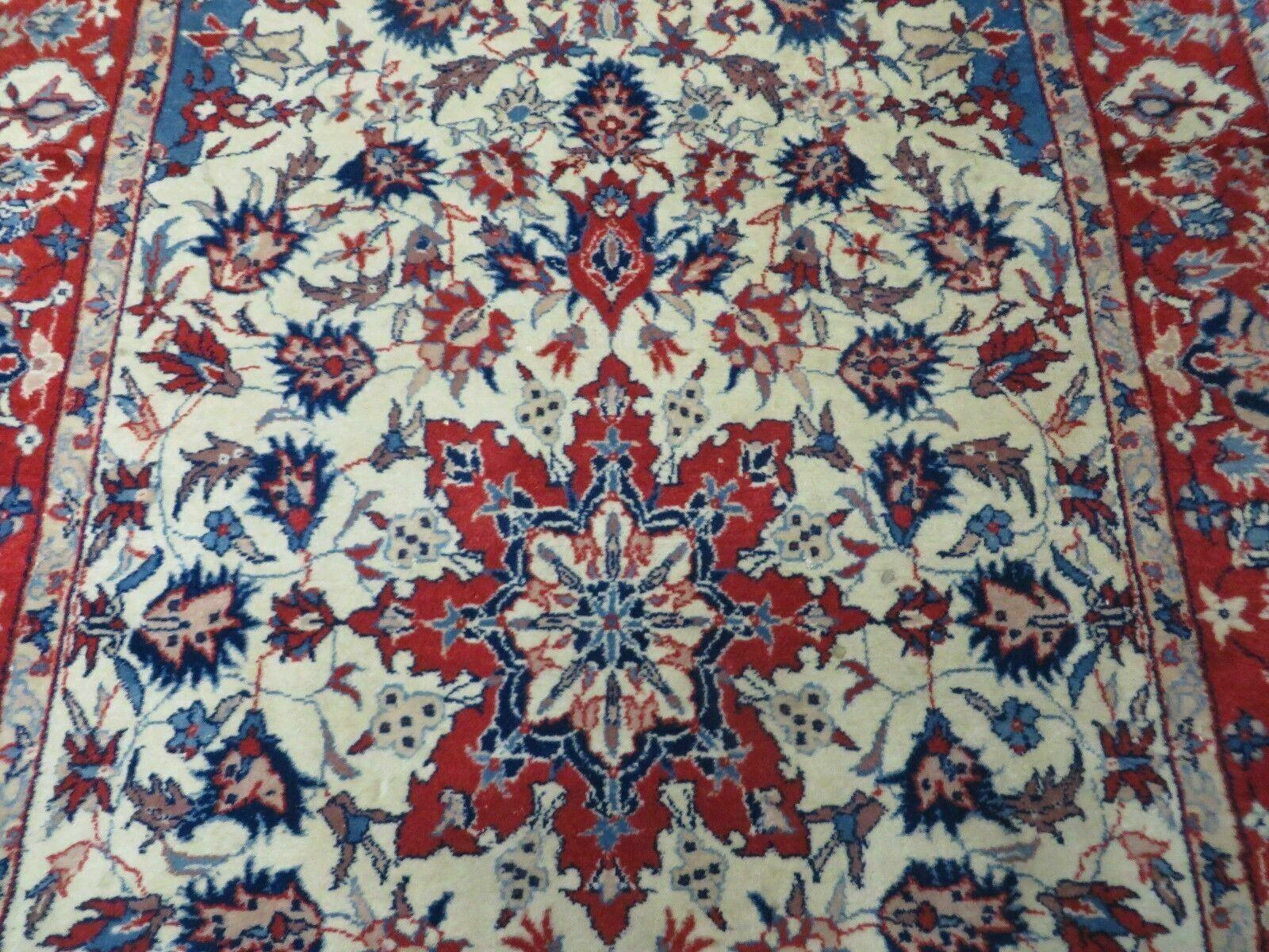 3' X 5' Vintage Handmade Authentic Oriental Floral Medallion Fine Wool Rug Beige Red and Blue Top Quality Veg Dyes - Nuvé