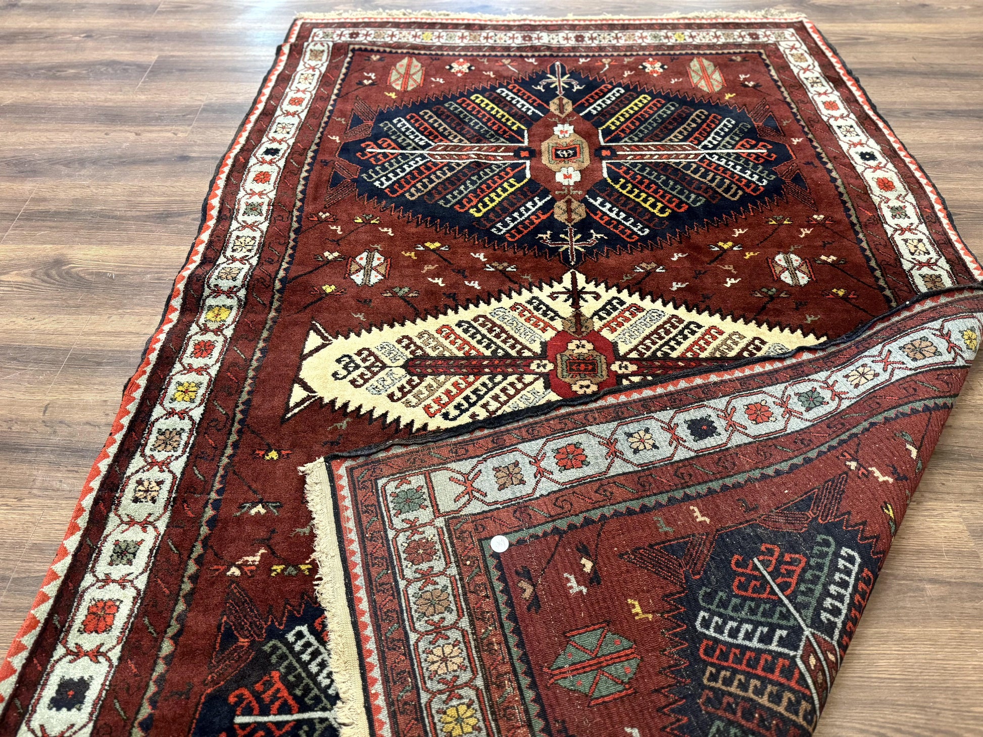 Antique Persian Tribal Rug 5 x 7.8, Triple Medallions, Red, Persian Afshar Rug - Nuvé