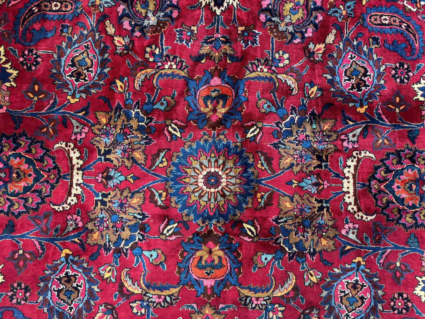 Palace Size Persian Mashad Rug 12x16, Raspberry and Navy Blue, Signature from Master Weaver, Antique Handmade Large Wool Carpet - Nuvé