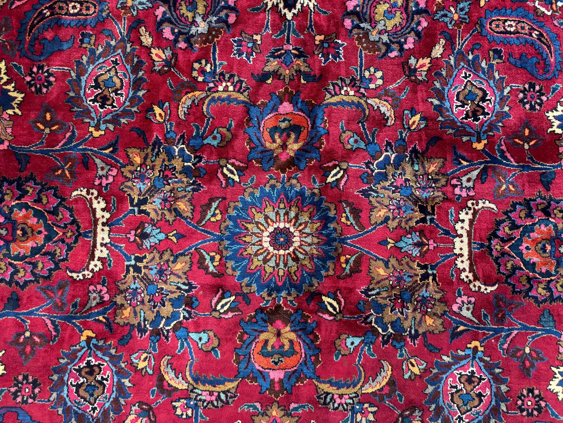 Palace Size Persian Mashad Rug 12x16, Raspberry and Navy Blue, Signature from Master Weaver, Antique Handmade Large Wool Carpet - Nuvé
