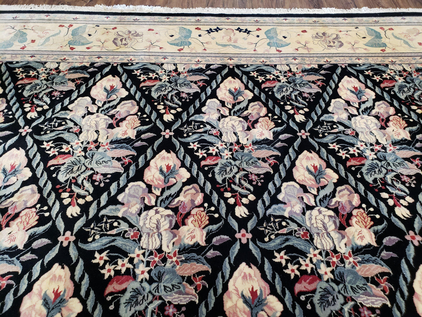 Black Kirman Rug, 8x11 - 9x12 Rug, Sino-Persian Rug, Floral Oriental Carpet, Handmade Rug, Black and Ivory Rug, Room Sized Area Rug, Wool - Nuvé
