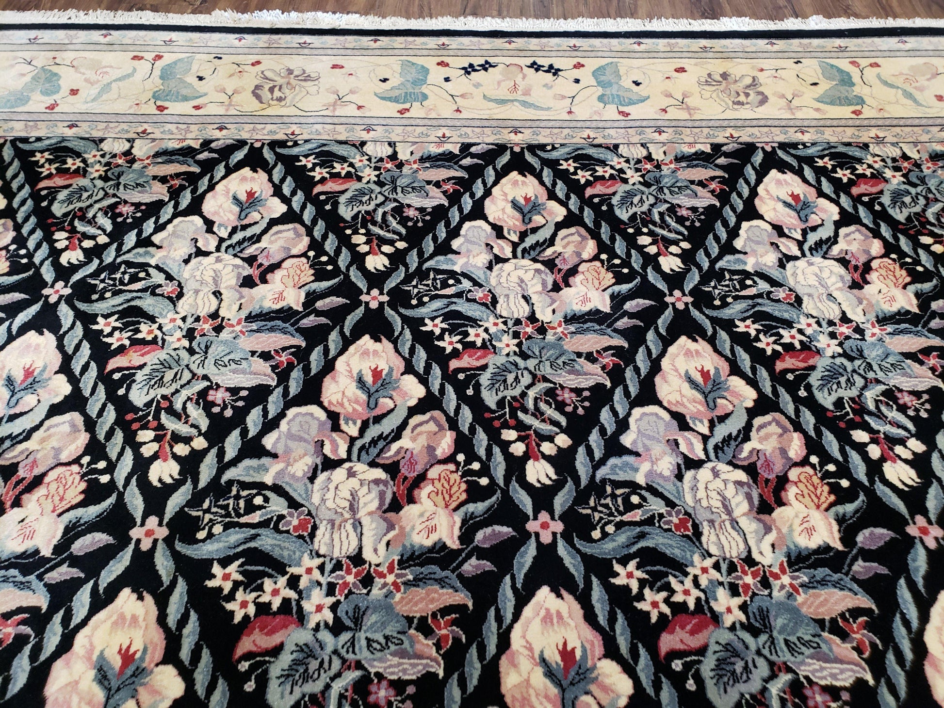 Black Kirman Rug, 8x11 - 9x12 Rug, Sino-Persian Rug, Floral Oriental Carpet, Handmade Rug, Black and Ivory Rug, Room Sized Area Rug, Wool - Nuvé