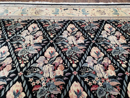 Black Kirman Rug, 8x11 - 9x12 Rug, Sino-Persian Rug, Floral Oriental Carpet, Handmade Rug, Black and Ivory Rug, Room Sized Area Rug, Wool - Nuvé