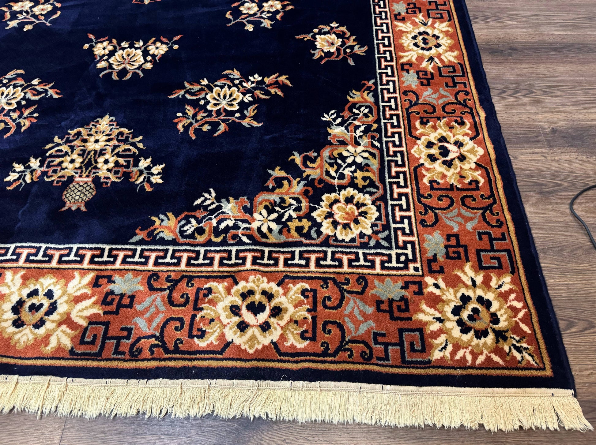 Chinese Wool Rug 8x11, Navy Blue and Terracotta, Floral, Couristan Belgium Power Loomed Carpet - Nuvé
