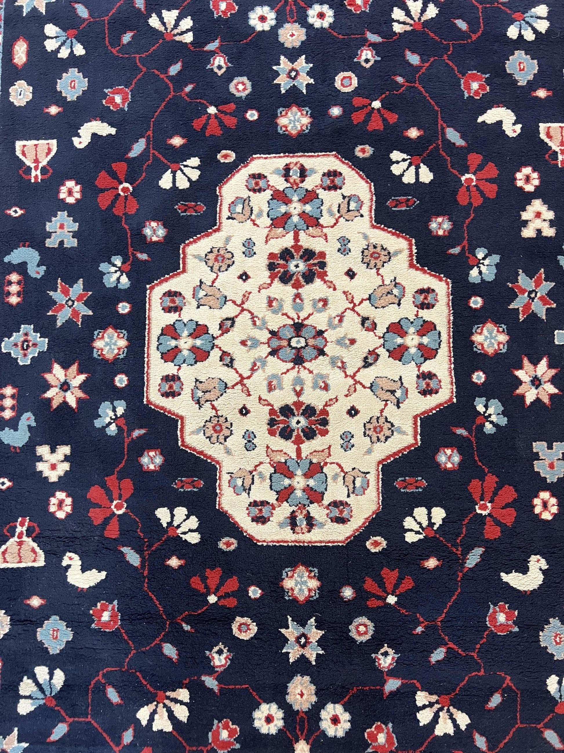 Belgium Power Loomed Rug 5.6 x 7, Navy Blue and Ivory, Heriz Pattern, Vintage Oriental Carpet - Nuvé
