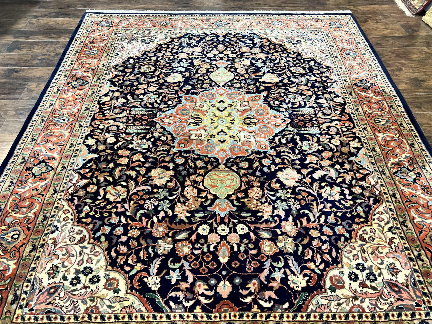 Indo Persian Rug 8x10, Midnight Blue & Red, Handmade Vintage Wool Carpet, Floral Medallion - Nuvé