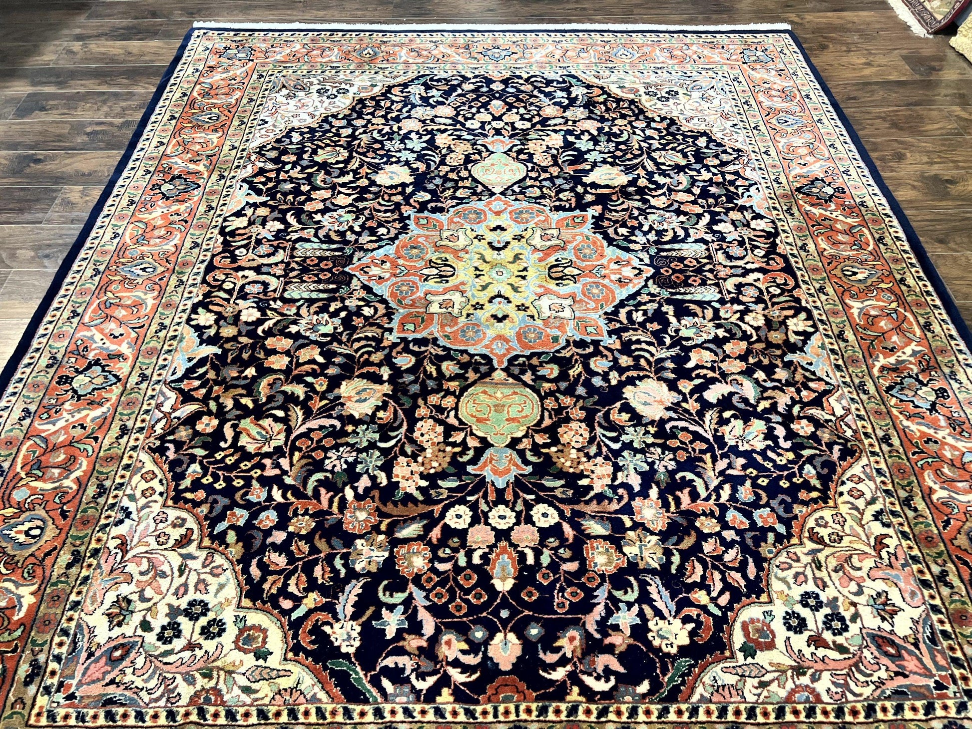 Indo Persian Rug 8x10, Midnight Blue & Red, Handmade Vintage Wool Carpet, Floral Medallion - Nuvé