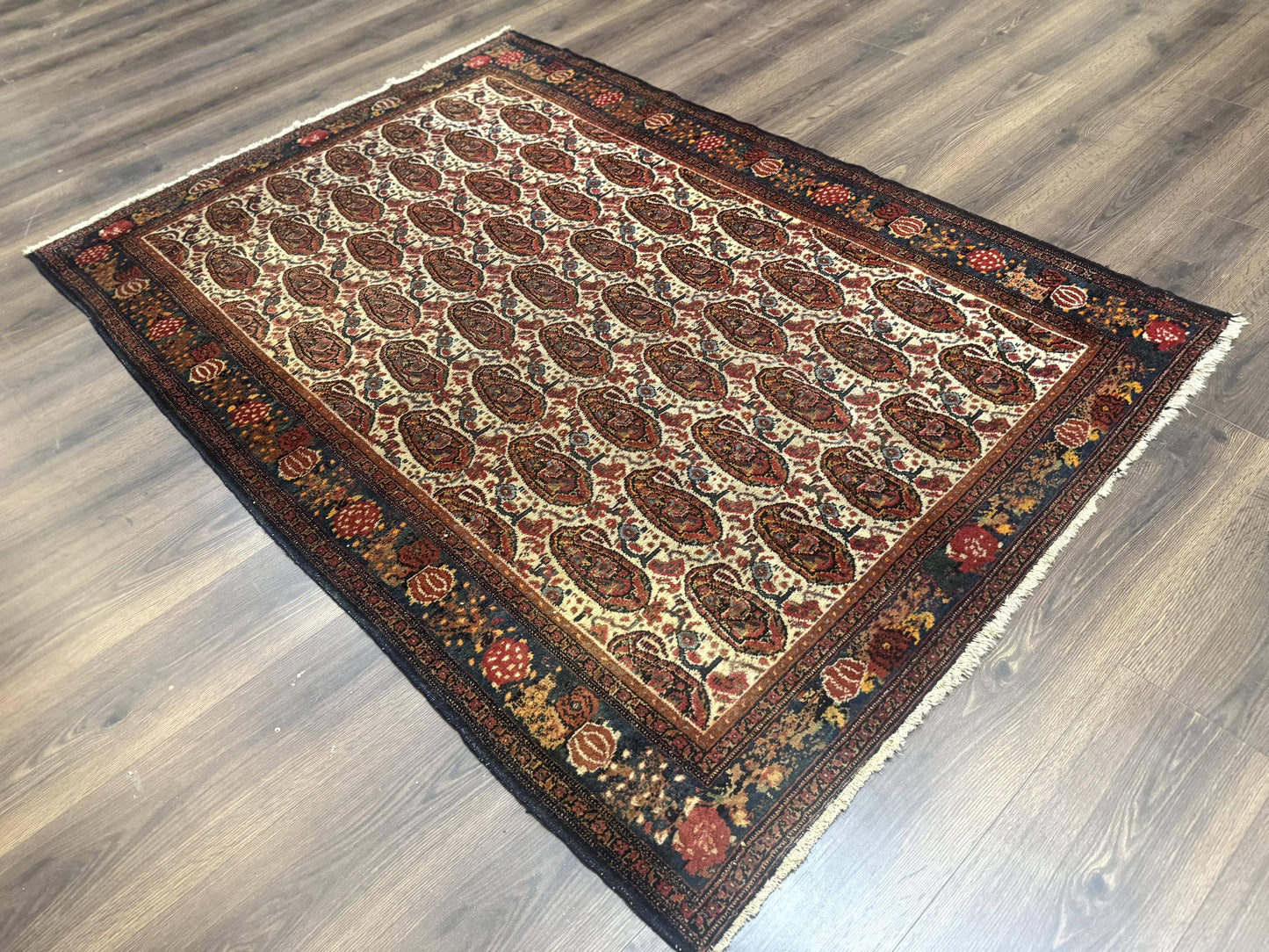 Antique Persian Kurdish Senneh Rug 4.6 x 6.5, Repeated Paisely Boteh Design, Handmade - Nuvé