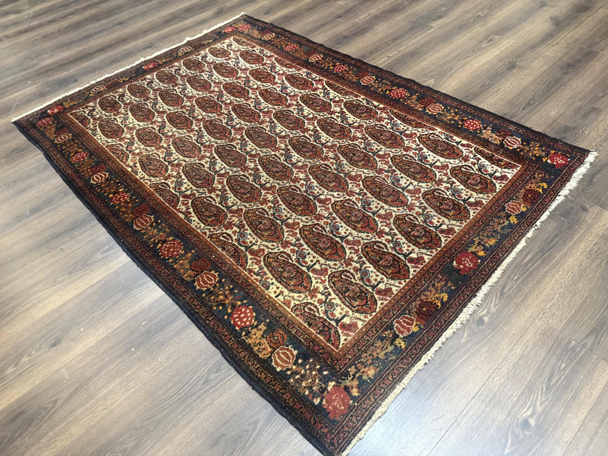 Antique Persian Kurdish Senneh Rug 4.6 x 6.5, Repeated Paisely Boteh Design, Handmade - Nuvé