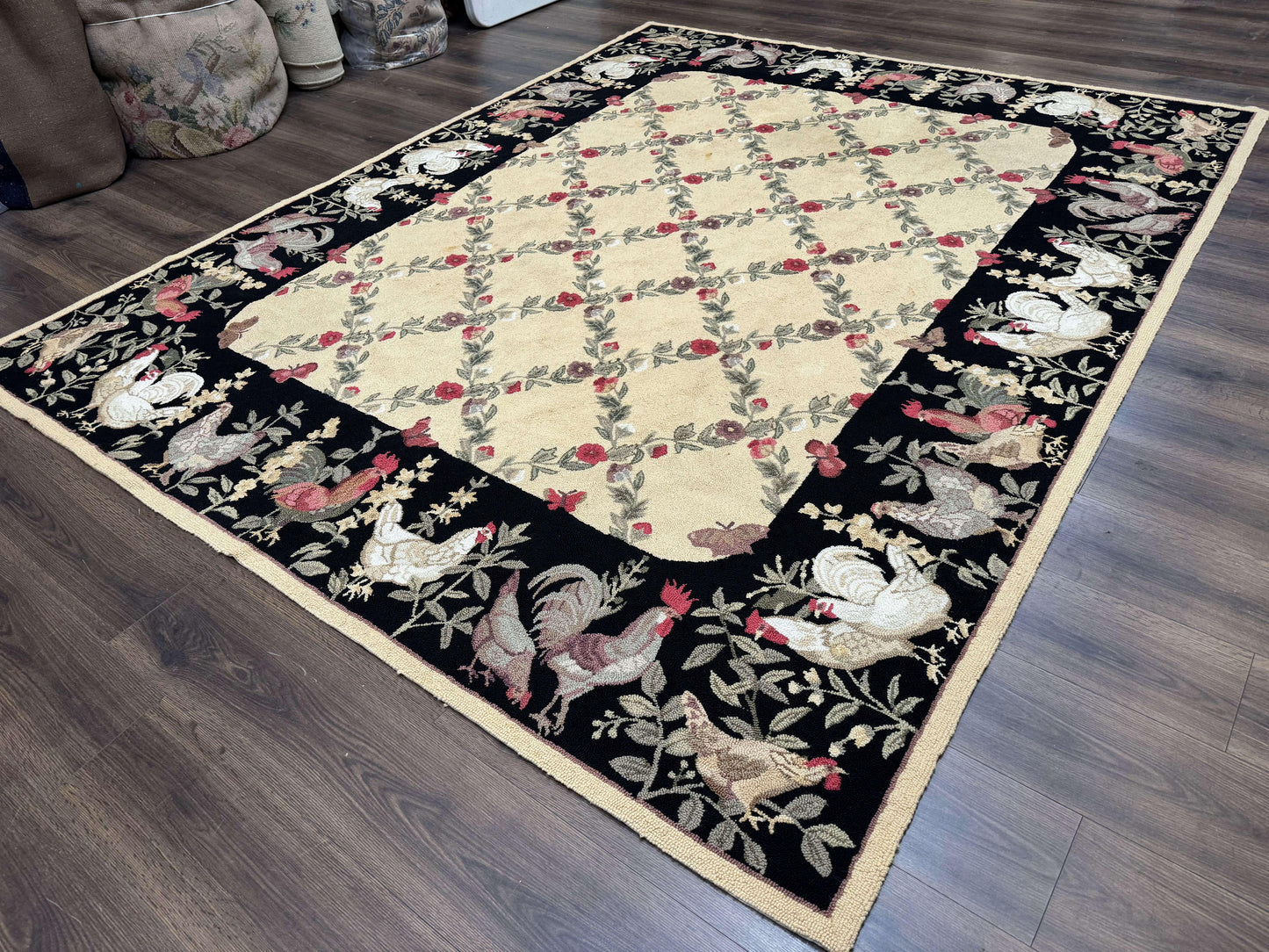 Vintage Hooked Rug 7x9, Rosters in Border, Roses and Butterflies - Nuvé