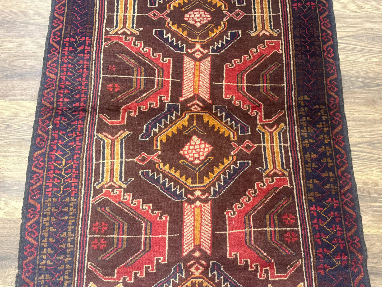 Afghan Rug 3x7, Maroon and Navy Blue, Balouch Carpet, Tribal Rug, New - Nuvé