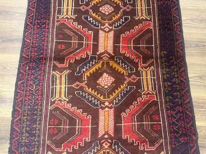 Afghan Rug 3x7, Maroon and Navy Blue, Balouch Carpet, Tribal Rug, New - Nuvé