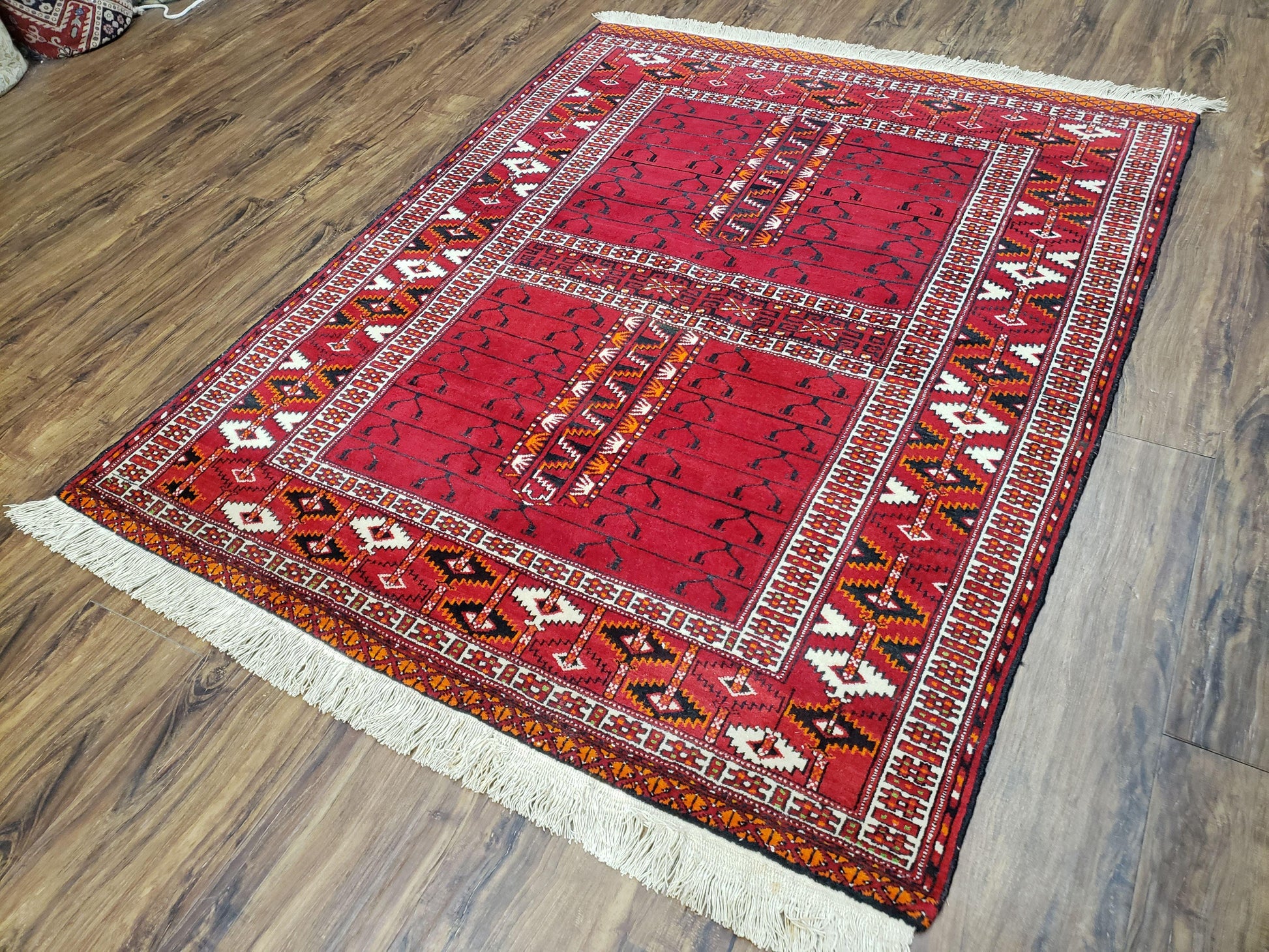 Antique Persian Turkoman Rug 4x5, Hatchli Tekkeh Ersari Red Tribal Rug, Handmade Wool Oriental Carpet, Four Seasons Rug - Nuvé