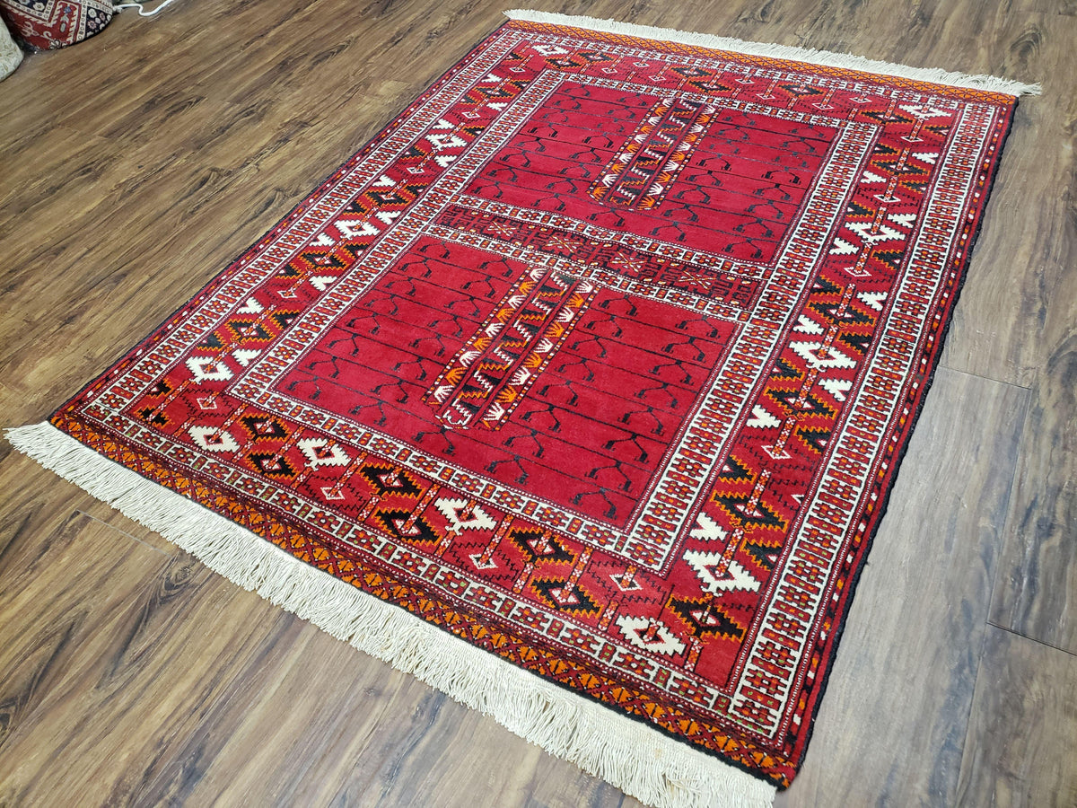 Antique Persian Turkoman Rug 4x5, Hatchli Tekkeh Ersari Red Tribal Rug, Handmade Wool Oriental Carpet, Four Seasons Rug