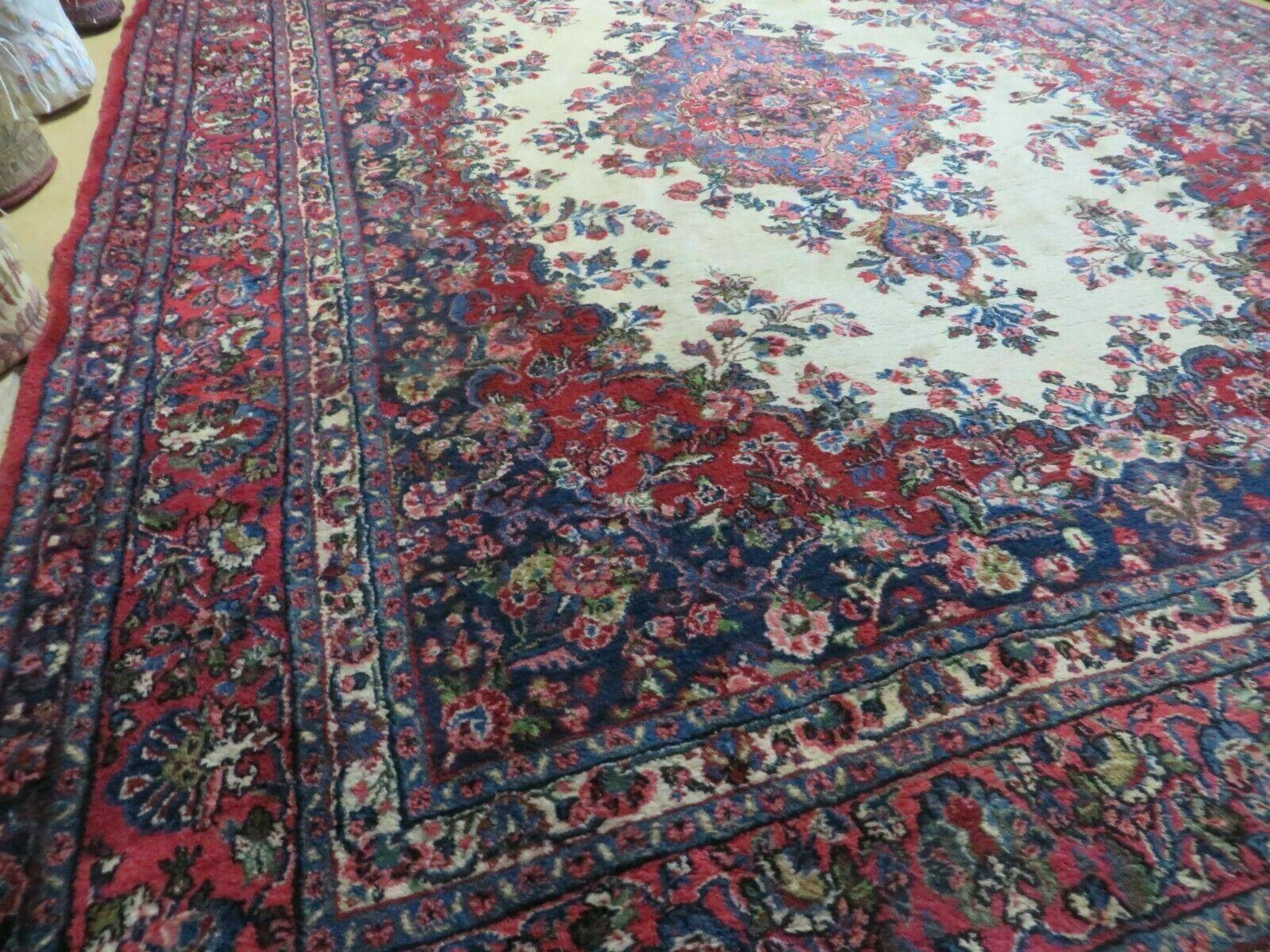 9x12 Persian Sarouk Rug - Semi Open Field Medallion Rug - Ivory Red Blue Hand Knotted Wool Oriental Carpet 9 x 12 Antique Rug - Vegetable Dyes - Nuvé