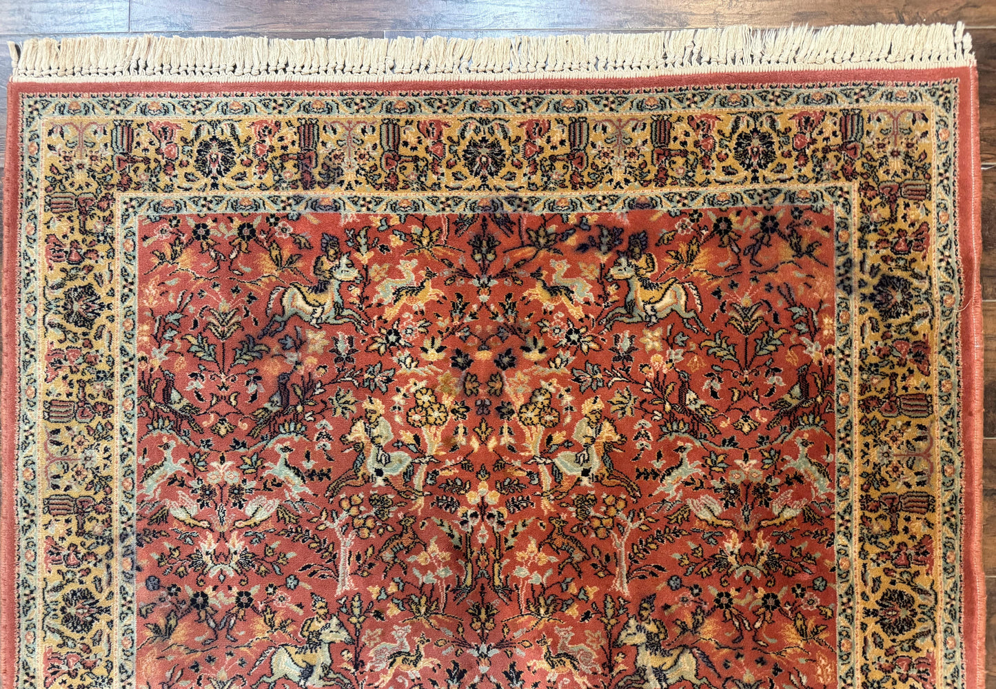 Persian Hunting Design Rug 4.7 x 6.5, Hunting Scene, Red-Orange, Wool, Belgian Power Loomed Carpet - Nuvé