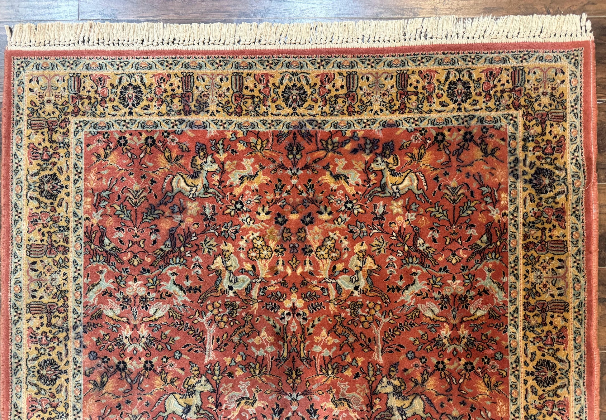 Persian Hunting Design Rug 4.7 x 6.5, Hunting Scene, Red-Orange, Wool, Belgian Power Loomed Carpet - Nuvé
