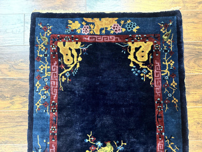 Antique Chinese Peking Rug 3x6, Dark Blue, Bird Motif, Handmade Wool Art Deco Asian Oriental Carpet, Pair A - Nuvé
