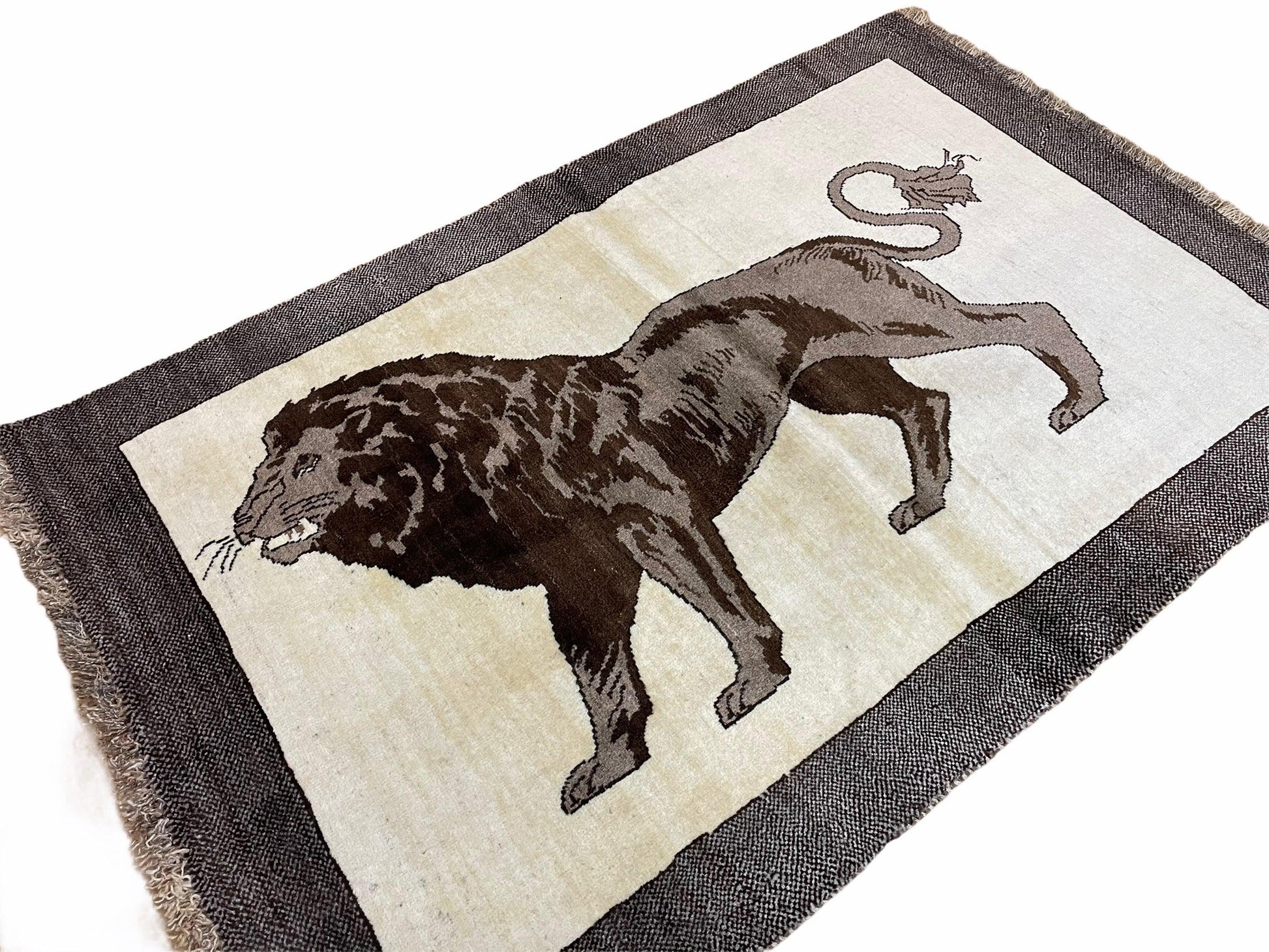 3 x 5 Handmade Rug Brown Beige Hand-Knotted Lion Rug New Vintage Quality Animal - Nuvé
