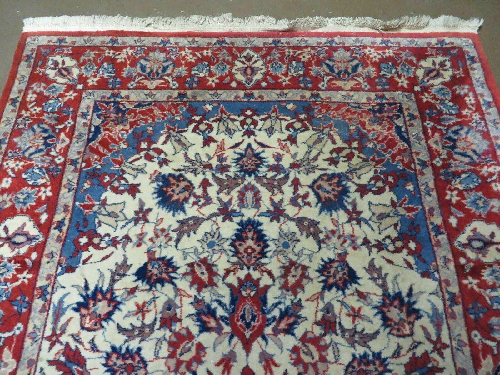 3' X 5' Vintage Handmade Authentic Oriental Floral Medallion Fine Wool Rug Beige Red and Blue Top Quality Veg Dyes - Nuvé
