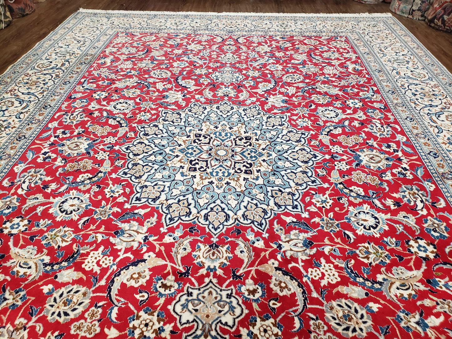 Persian Nain Rug 8x12, Red and Ivory, Signed - Nuvé