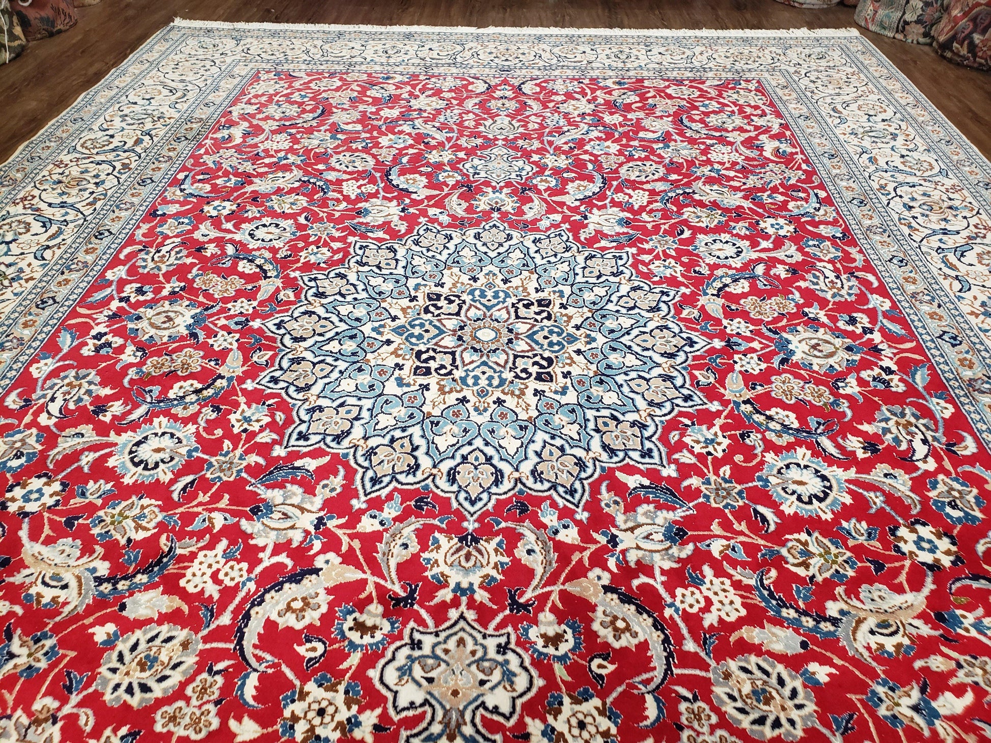 Persian Nain Rug 8x12, Red and Ivory, Signed - Nuvé