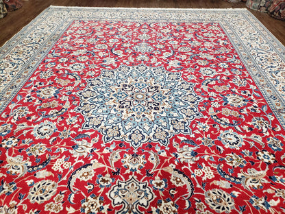 Persian Nain Rug 8x12, Red and Ivory, Signed - Nuvé