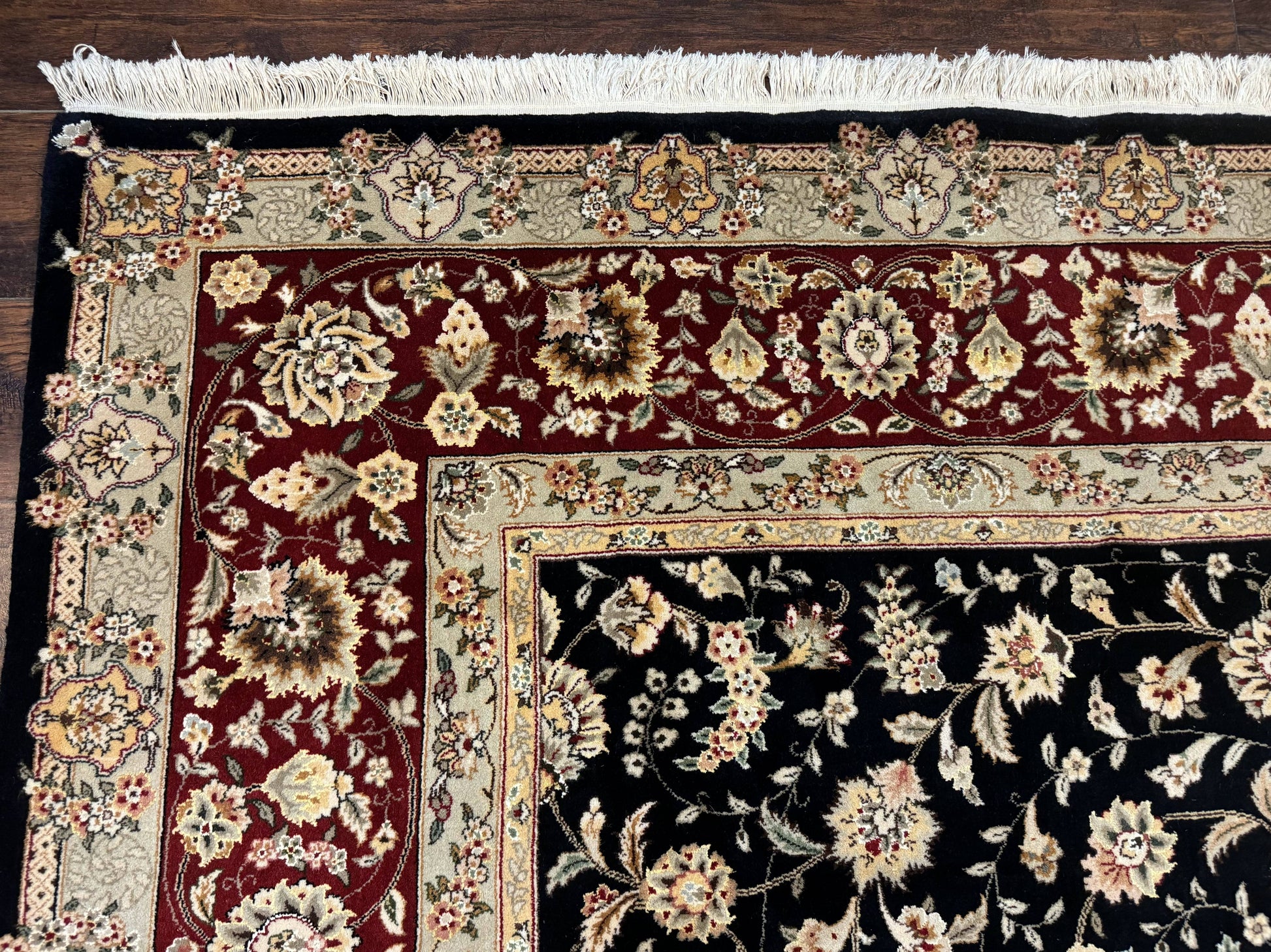 Sino Persian Rug 9x12, Fine Elegant Oriental Carpet 200 KPSI, Black and Dark Red, Allover Floral - Nuvé