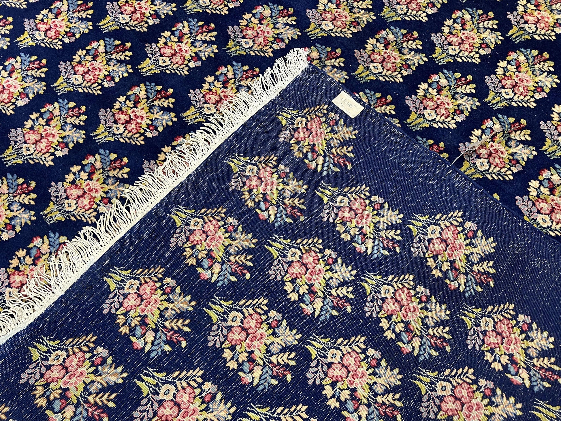 Persian Rug 9x12, Authentic Hand Knotted Carpet, Repeated Floral Motif Garden of Eden, Navy Blue Wool Rug 9 x 12, Semi Antique Kirman Rug - Nuvé