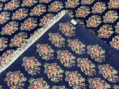 Persian Rug 9x12, Authentic Hand Knotted Carpet, Repeated Floral Motif Garden of Eden, Navy Blue Wool Rug 9 x 12, Semi Antique Kirman Rug - Nuvé