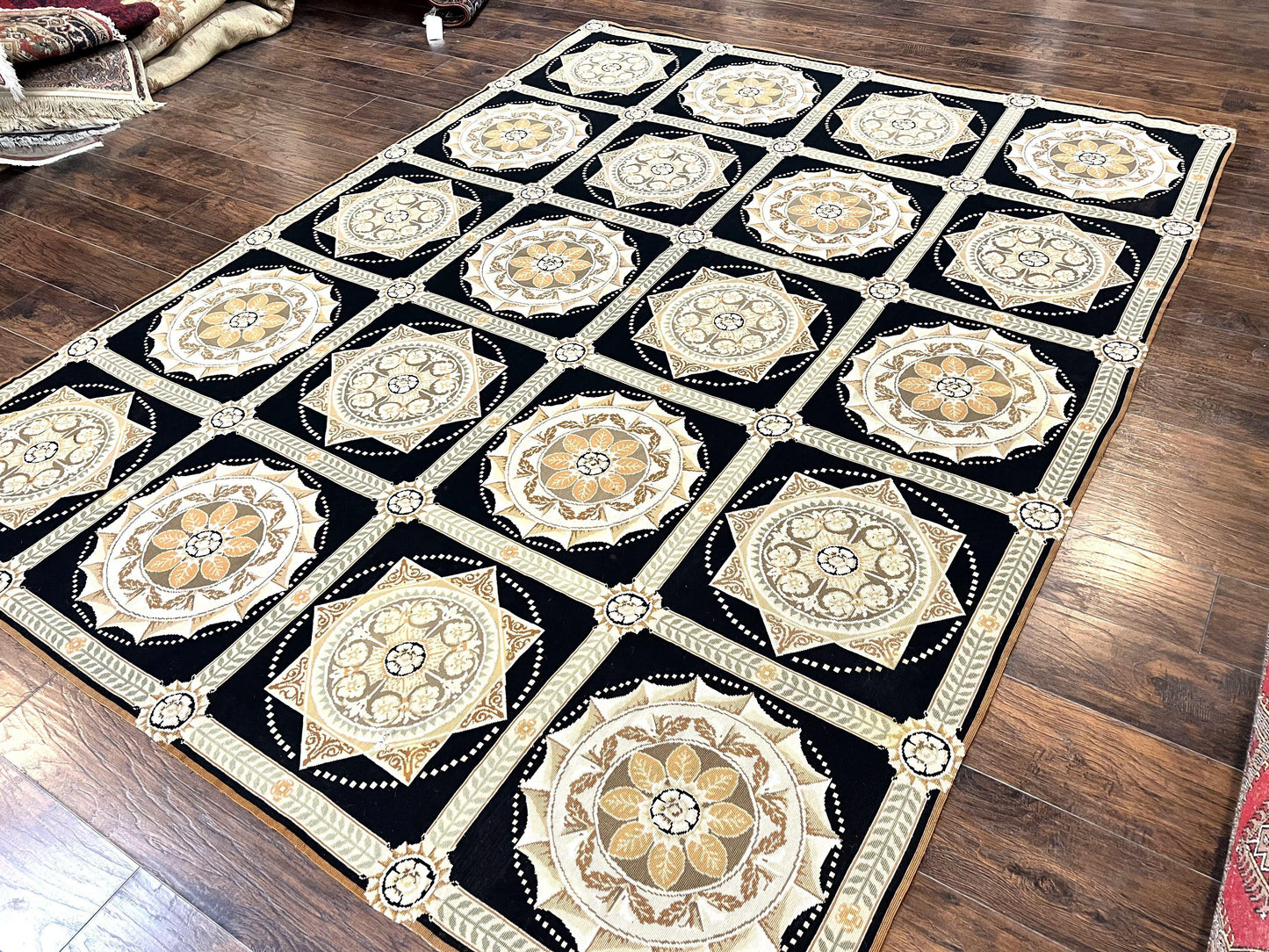 Needlepoint Rug 8x10, Black Tan Beige, Panel Design, Wool Handwoven Handmade Flatweave Needlepoint Carpet, Vintage French European Rug - Nuvé
