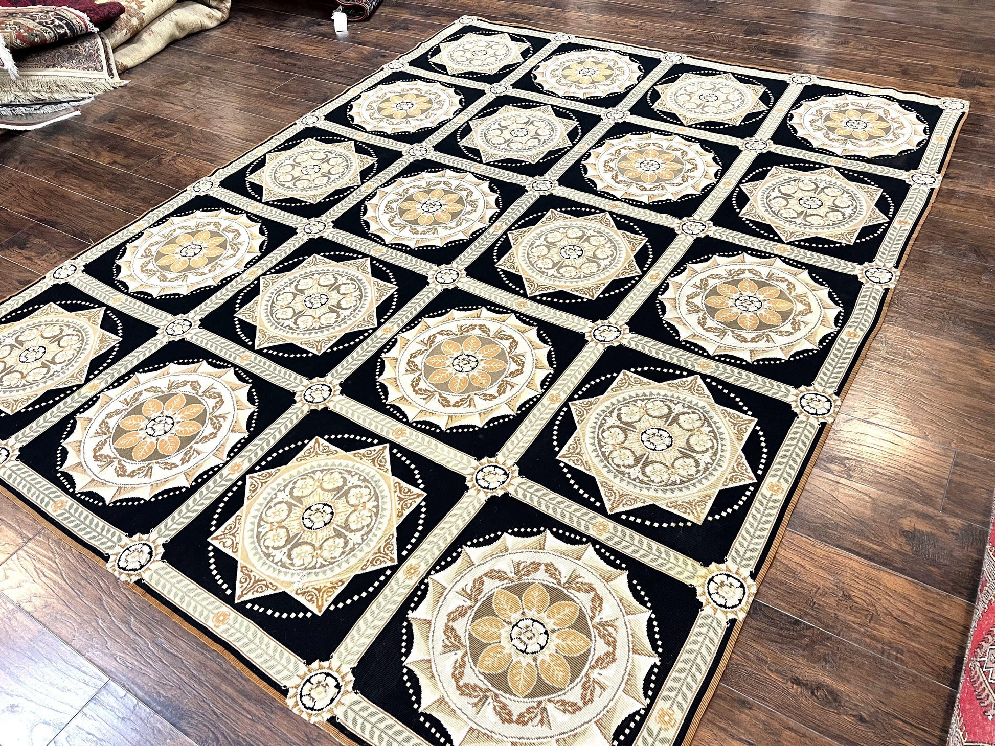 Needlepoint Rug 8x10, Black Tan Beige, Panel Design, Wool Handwoven Handmade Flatweave Needlepoint Carpet, Vintage French European Rug - Nuvé
