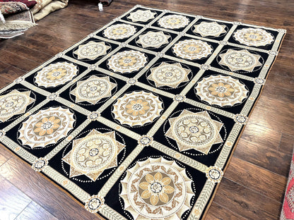 Needlepoint Rug 8x10, Black Tan Beige, Panel Design, Wool Handwoven Handmade Flatweave Needlepoint Carpet, Vintage French European Rug - Nuvé