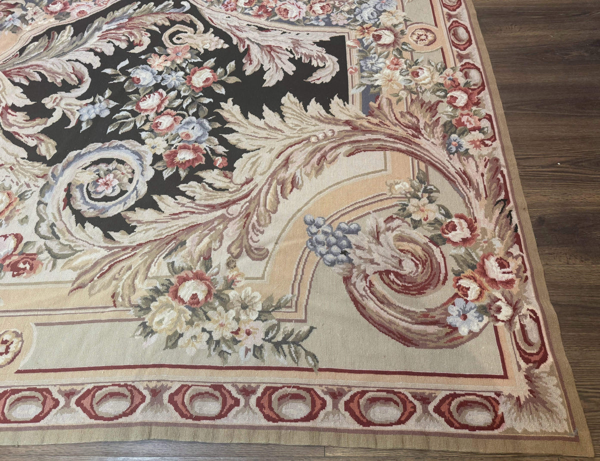 Wonderful Needlepoint Rug 10x14, Large Aubusson Carpet, Floral, Elegant, European Design