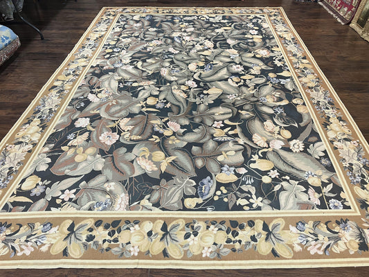 Large Needlepoint Rug 9x13, Handmade Wool Flatweave Vintage Rug, Leaves, Green - Nuvé