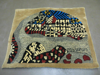 3' X 4' Vintage Hand Crafted Israel Wool Rug Carpet Wall Hanging Signed Hebrew - Nuvé