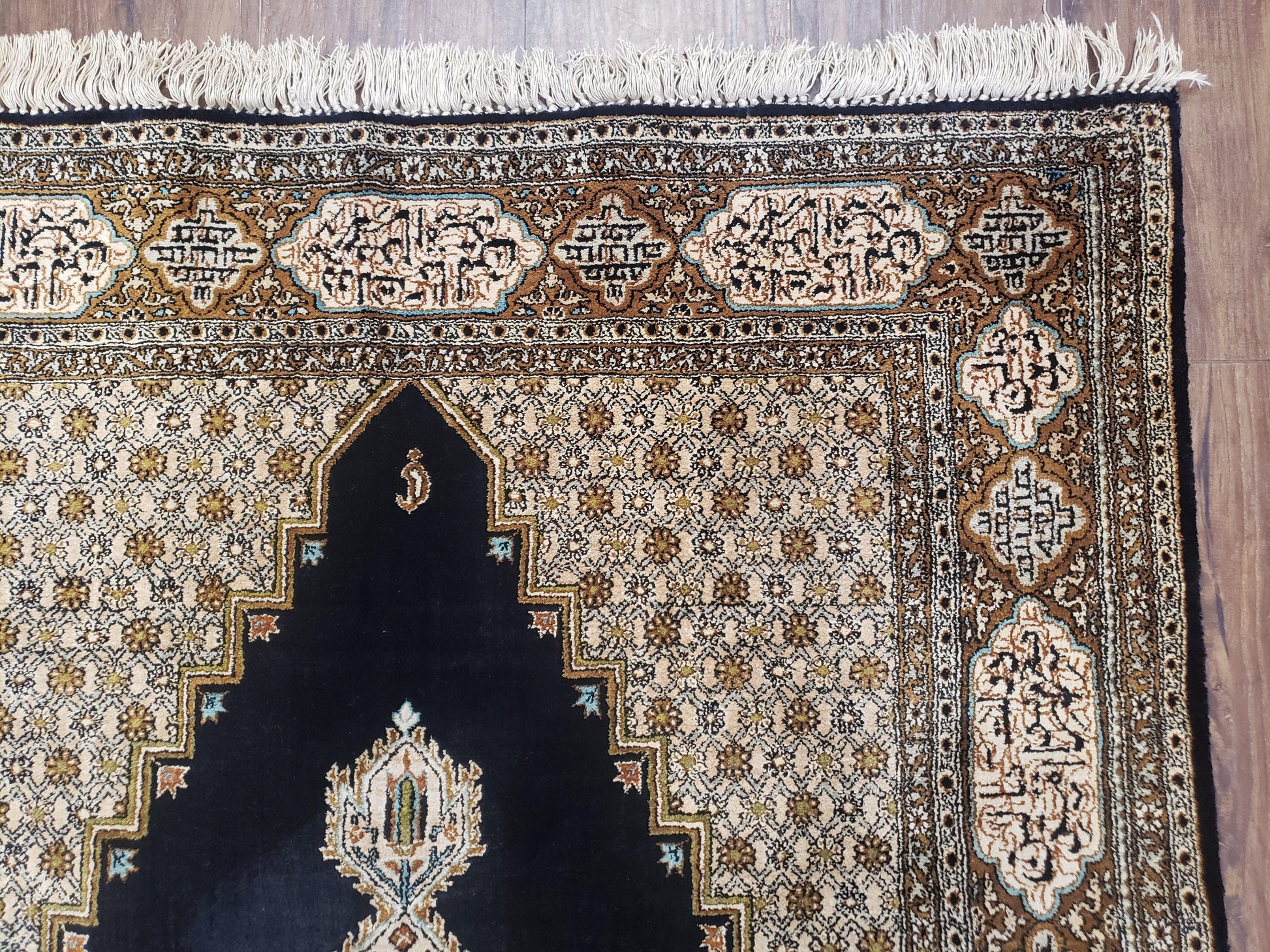 Persian Silk Qum Rug, Silk on Silk, Black Golden Brown and Beige, Hand-Knotted, 3'6" x 5' 5" - Nuvé