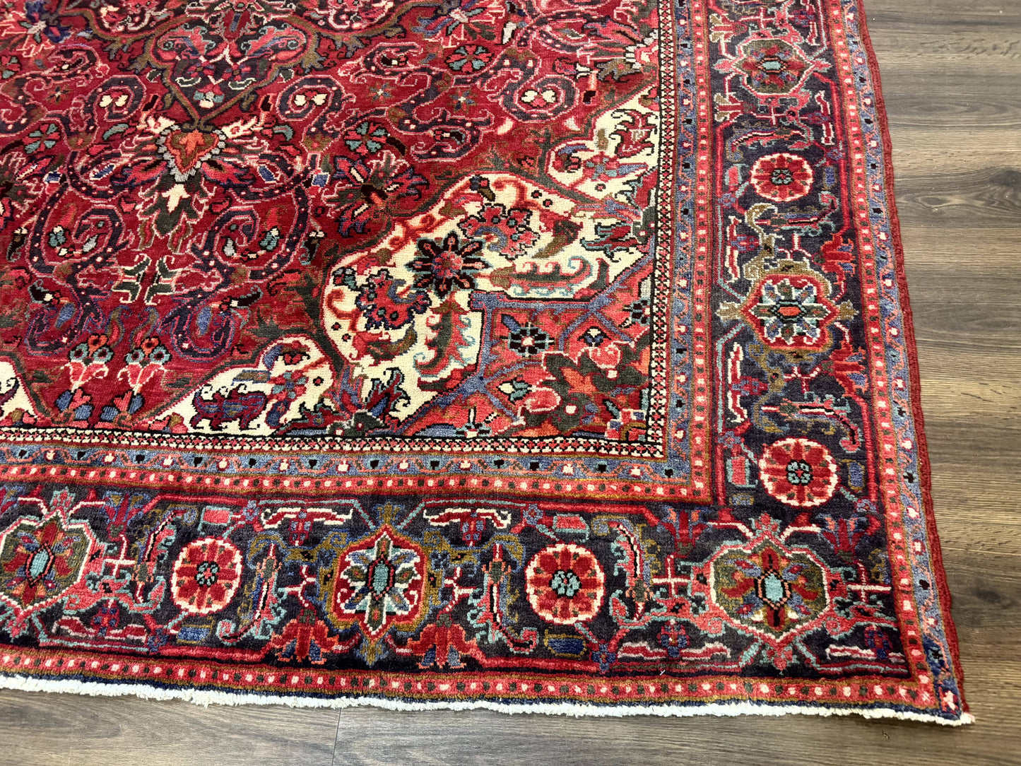 Persian Heriz Rug 7x10, Red and Navy, Geometric Medallion, Vintage Wool Carpet - Nuvé