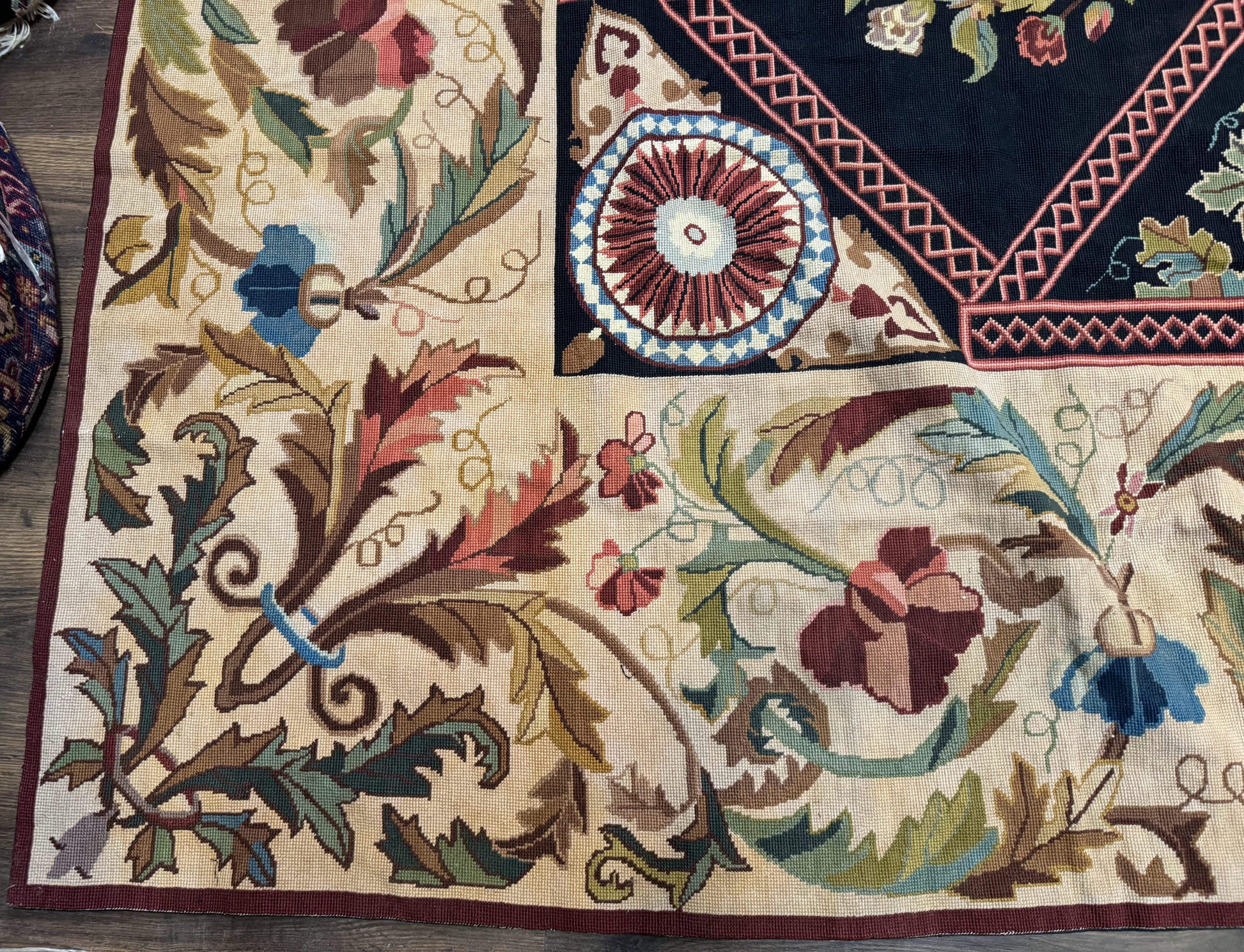 Palace Size Needlepoint Rug 12x20, European French English Aubusson Floral Design, Black and Beige - Nuvé