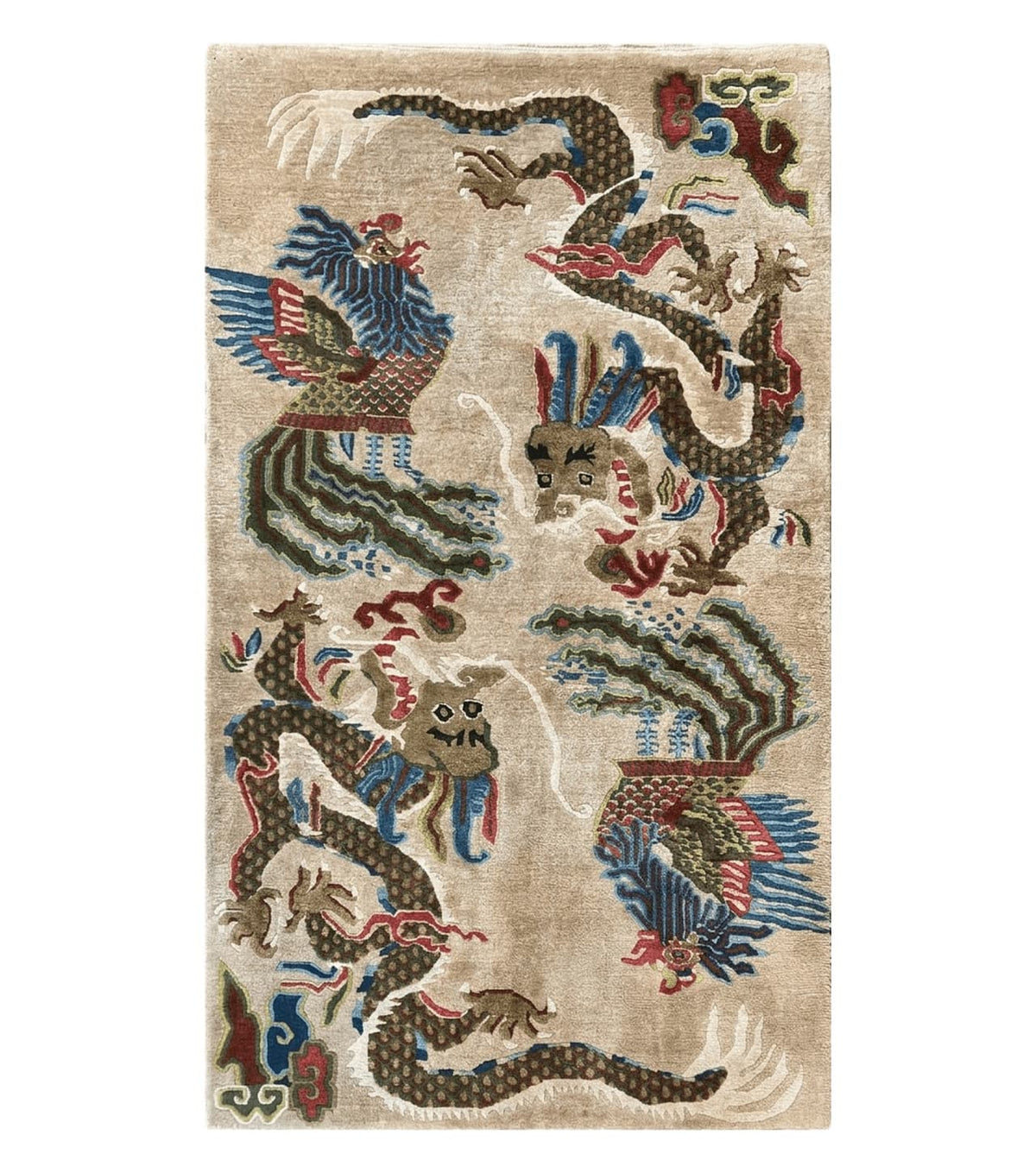Antique Chinese Peking Rug 3 x 5.6, Dragon Motifs, Handmade Wool Asian Oriental Carpet
