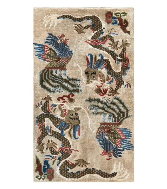 Antique Chinese Peking Rug 3 x 5.6, Dragon Motifs, Handmade Wool Asian Oriental Carpet
