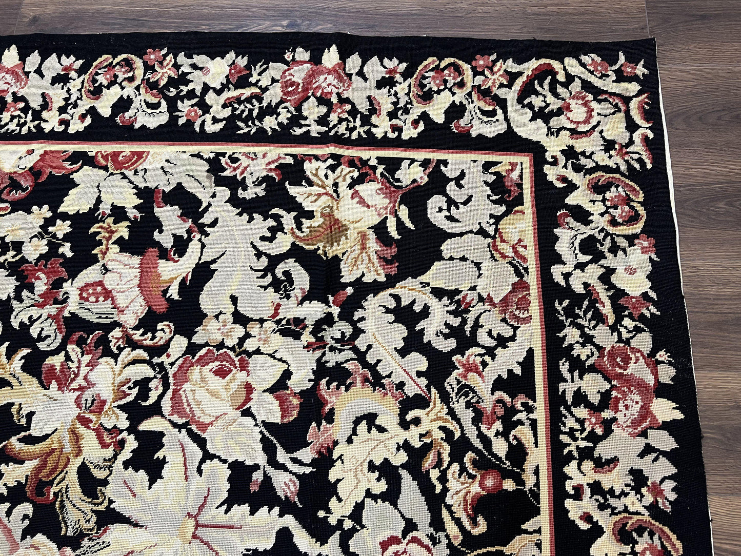 Wool Needlepoint Rug 9x12, William Morris Vintage Chinese Needlepoint Carpet 9 x 12, Handwoven, Allover Floral Area Rug, Black Light Green - Nuvé