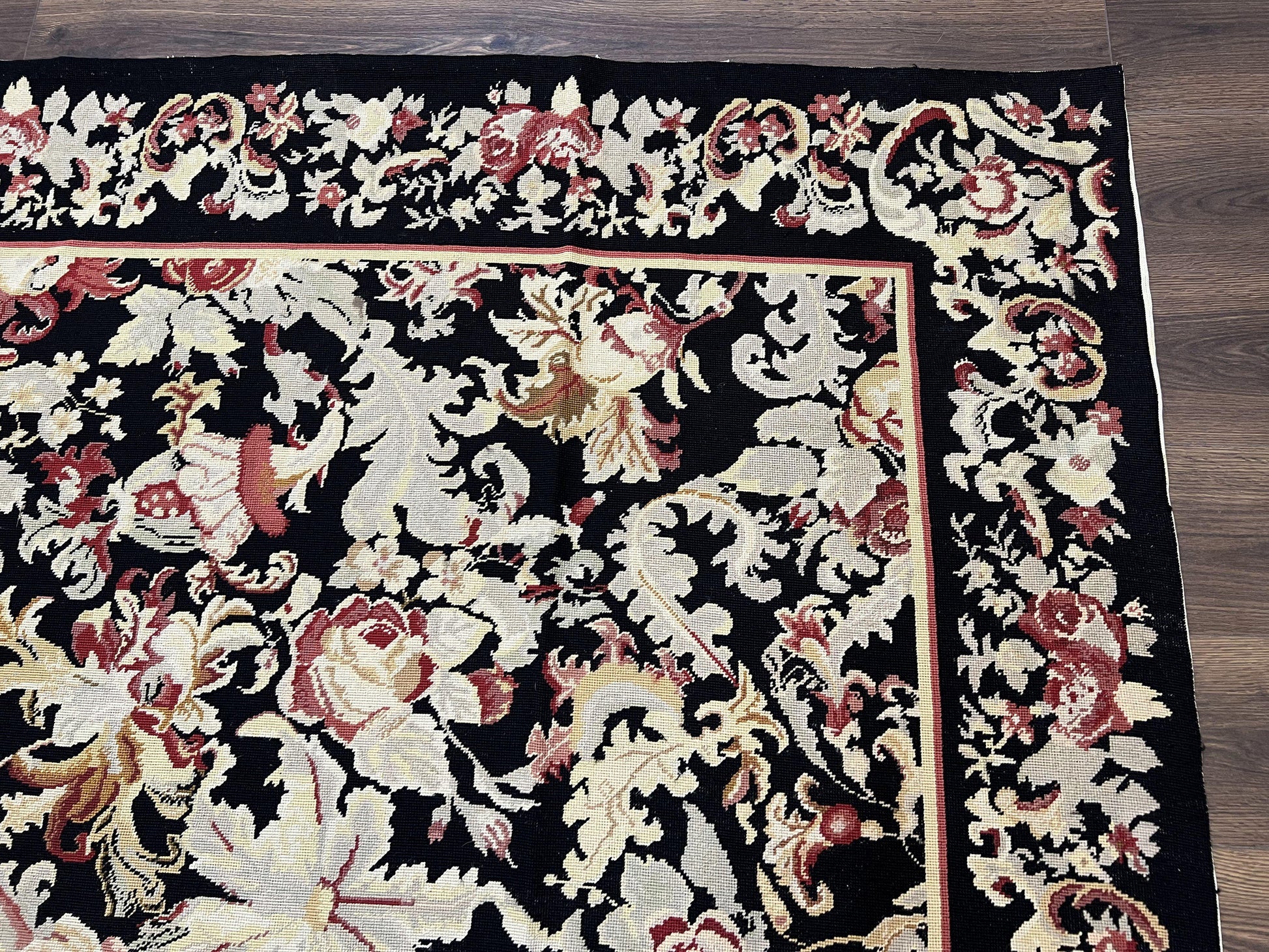Wool Needlepoint Rug 9x12, William Morris Vintage Chinese Needlepoint Carpet 9 x 12, Handwoven, Allover Floral Area Rug, Black Light Green - Nuvé